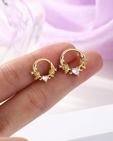 Jewseen 16G Rose Septum Rings Heart Septum Piercing Jewelry Surgical Steel Tragus Rook Helix Conch Piercing Jewelry Daith Earrings Cartilage Hoop for Women in Saudi Arabia