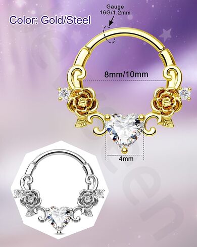 Jewseen 16G Rose Septum Rings Heart Septum Piercing Jewelry Surgical Steel Tragus Rook Helix Conch Piercing Jewelry Daith Earrings Cartilage Hoop for Women in Saudi Arabia