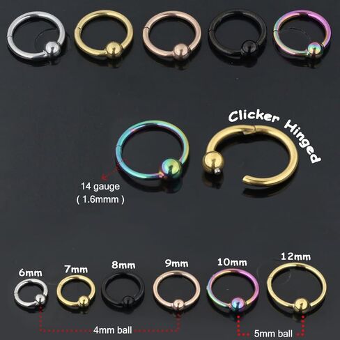 14 Gauge (1.6mm) 316L Surgical Steel Hinged Clicker Captive Bead Ring, Cartilage, Helix, Tragus, Piercing Jewelry in Saudi Arabia