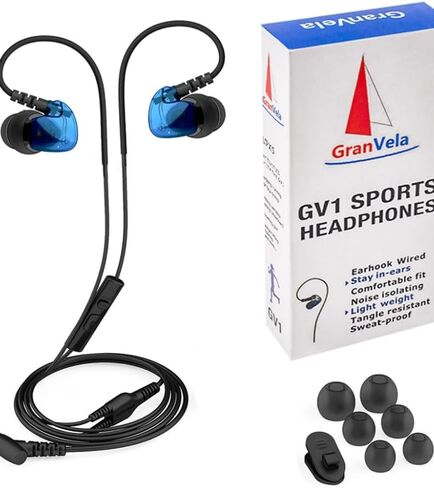 Granvela GV1 HD Classic Sports Earphones IPX5 Waterproof Running Earbuds Wired with Mic, Memory Wire Earhook and Clip - Blue in Kuwait
