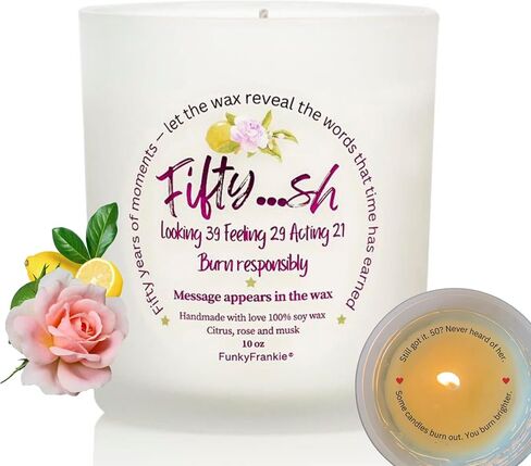 FunkyFrankie 50th Birthday Gift for Women – Funny Gift Idea | 10oz Soy Wax, Essential Oils, Hidden Message Inside | 1975 Born Gifts, 50 Year Old Mom, Sister, Friend | Handmade, Designed in Europe in Saudi Arabia