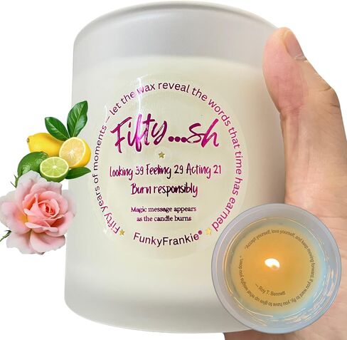 FunkyFrankie 50th Birthday Gift for Women – Funny Gift Idea | 10oz Soy Wax, Essential Oils, Hidden Message Inside | 1975 Born Gifts, 50 Year Old Mom, Sister, Friend | Handmade, Designed in Europe in Saudi Arabia