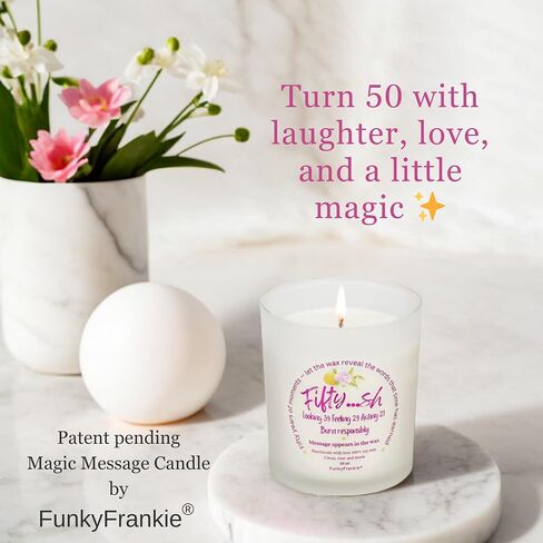 FunkyFrankie 50th Birthday Gift for Women – Funny Gift Idea | 10oz Soy Wax, Essential Oils, Hidden Message Inside | 1975 Born Gifts, 50 Year Old Mom, Sister, Friend | Handmade, Designed in Europe in Saudi Arabia
