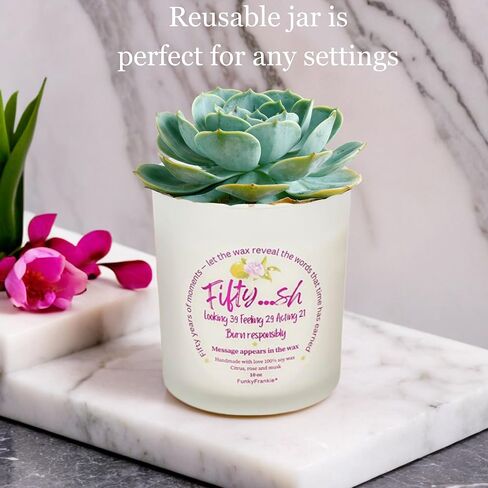 FunkyFrankie 50th Birthday Gift for Women – Funny Gift Idea | 10oz Soy Wax, Essential Oils, Hidden Message Inside | 1975 Born Gifts, 50 Year Old Mom, Sister, Friend | Handmade, Designed in Europe in Saudi Arabia