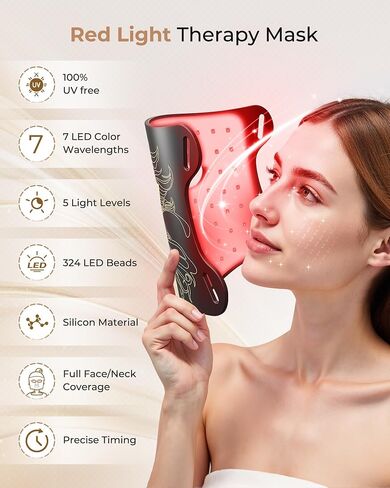 LED Light Therapy mask (E106A) Red Light Therapy for Face and Neck, 7-in-1 Colors Led Face Mask Light Therapy with 324 LED Beads, 5 Brightness Levels & Timer Function for Home & Travel in Saudi Arabia