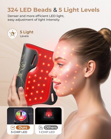LED Light Therapy mask (E106A) Red Light Therapy for Face and Neck, 7-in-1 Colors Led Face Mask Light Therapy with 324 LED Beads, 5 Brightness Levels & Timer Function for Home & Travel in Saudi Arabia