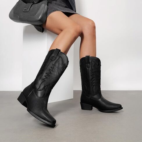 DREAM PAIRS Cowboy Boots for Women Cowgirl Western Mid Calf Boots Snip Toe Embroidered Stitched Low Chunky Heel Pull On Fashion Boots in Saudi Arabia