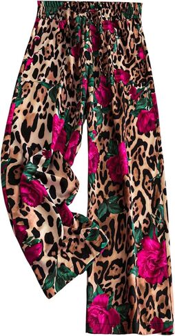 GORGLITTER Women's Cheetah Floral Print Wide Leg Pants Elastic High Waist Flowy Trousers Pants in Saudi Arabia