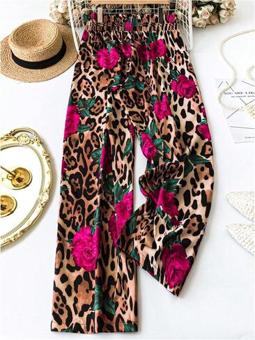 GORGLITTER Women's Cheetah Floral Print Wide Leg Pants Elastic High Waist Flowy Trousers Pants in Saudi Arabia