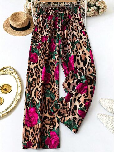 GORGLITTER Women's Cheetah Floral Print Wide Leg Pants Elastic High Waist Flowy Trousers Pants in Saudi Arabia