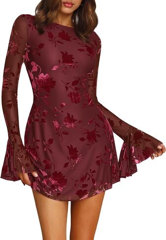 BTFBM Women Floral Wedding Guest Dress Fall 2025 Casual Long Sleeve Crew Neck Flowy Party Cocktail Mini Dresses in Saudi Arabia