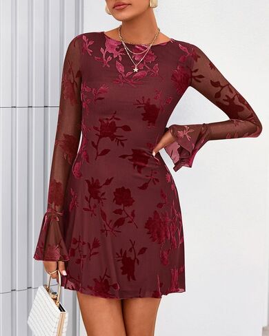 BTFBM Women Floral Wedding Guest Dress Fall 2025 Casual Long Sleeve Crew Neck Flowy Party Cocktail Mini Dresses in Saudi Arabia