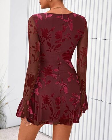 BTFBM Women Floral Wedding Guest Dress Fall 2025 Casual Long Sleeve Crew Neck Flowy Party Cocktail Mini Dresses in Saudi Arabia
