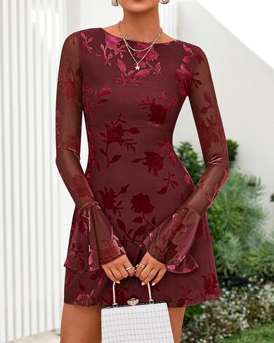 BTFBM Women Floral Wedding Guest Dress Fall 2025 Casual Long Sleeve Crew Neck Flowy Party Cocktail Mini Dresses in Saudi Arabia