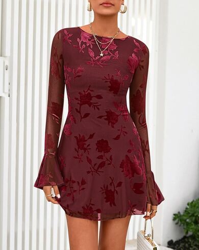 BTFBM Women Floral Wedding Guest Dress Fall 2025 Casual Long Sleeve Crew Neck Flowy Party Cocktail Mini Dresses in Saudi Arabia
