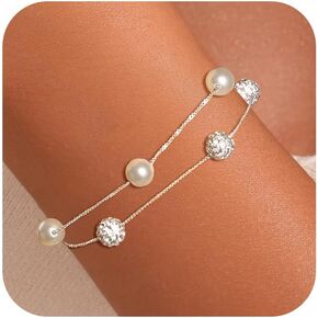 Dainty Pearl Zirconia Layered Bracelet for Women S925 Sterling Silver Pearl Crystal Beaded Bracelet to Daughter Mother Adjustable Link Chain Bracelets Birthday Wedding Jewelry Gifts in Saudi Arabia