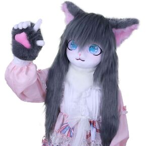 Fursuit Animal Mask +Gloves,Furry Wearable Cover, Anime Style Animal Cover, Lolita Halloween Costume Headdress(R) in Saudi Arabia