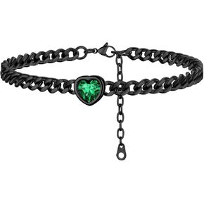 ChainsProMax Women Heart Anklets 5MM Cuban Link Ankle Bracelet with Birthstone, Black-Send Gift Box in Kuwait