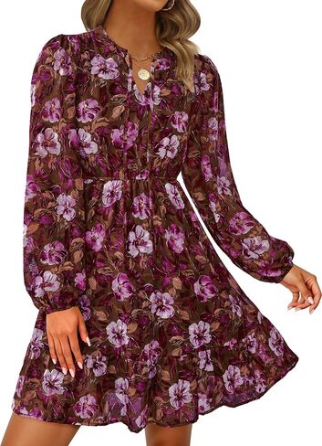PRETTYGARDEN Women's Fall Boho Dresses 2025 Floral Long Sleeve V Neck Mini Flowy Wedding Guest Dress Trendy Vacation Outfits in Saudi Arabia