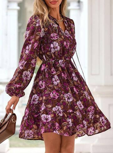 PRETTYGARDEN Women's Fall Boho Dresses 2025 Floral Long Sleeve V Neck Mini Flowy Wedding Guest Dress Trendy Vacation Outfits in Saudi Arabia
