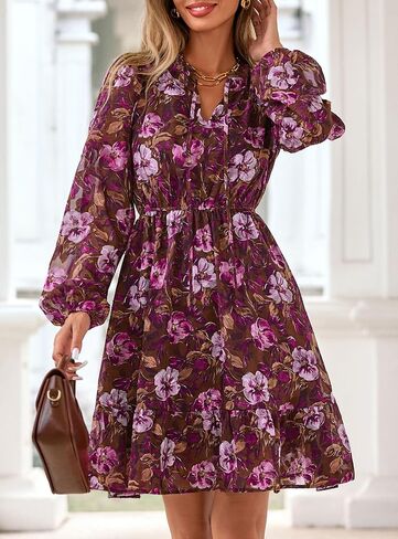PRETTYGARDEN Women's Fall Boho Dresses 2025 Floral Long Sleeve V Neck Mini Flowy Wedding Guest Dress Trendy Vacation Outfits in Saudi Arabia