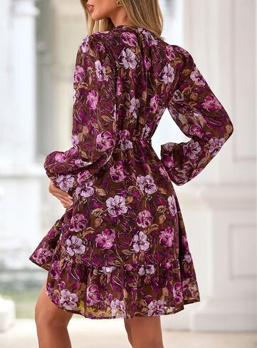 PRETTYGARDEN Women's Fall Boho Dresses 2025 Floral Long Sleeve V Neck Mini Flowy Wedding Guest Dress Trendy Vacation Outfits in Saudi Arabia