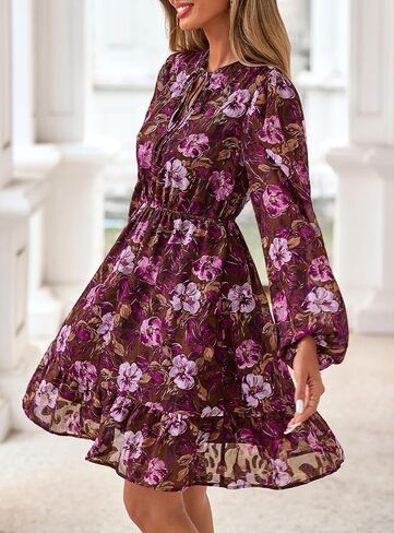 PRETTYGARDEN Women's Fall Boho Dresses 2025 Floral Long Sleeve V Neck Mini Flowy Wedding Guest Dress Trendy Vacation Outfits in Saudi Arabia