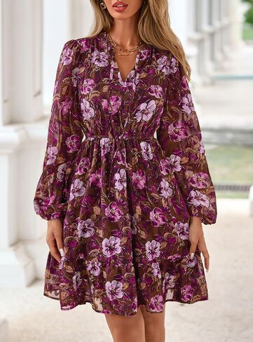 PRETTYGARDEN Women's Fall Boho Dresses 2025 Floral Long Sleeve V Neck Mini Flowy Wedding Guest Dress Trendy Vacation Outfits in Saudi Arabia