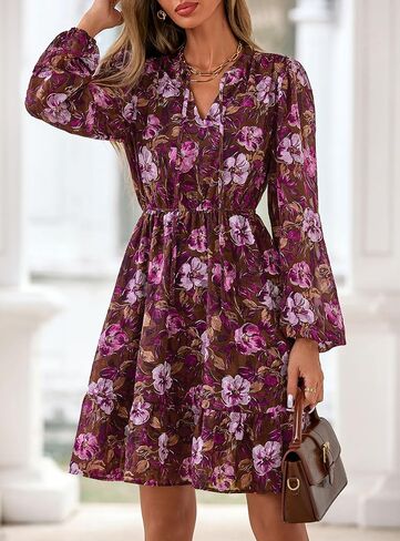 PRETTYGARDEN Women's Fall Boho Dresses 2025 Floral Long Sleeve V Neck Mini Flowy Wedding Guest Dress Trendy Vacation Outfits in Saudi Arabia