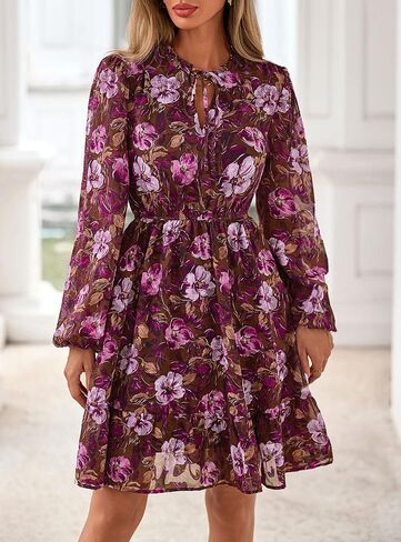 PRETTYGARDEN Women's Fall Boho Dresses 2025 Floral Long Sleeve V Neck Mini Flowy Wedding Guest Dress Trendy Vacation Outfits in Saudi Arabia