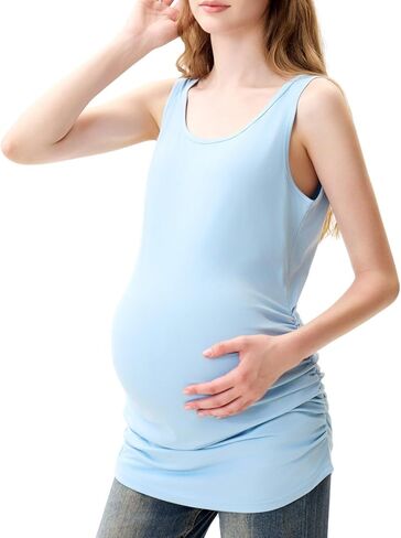 Maternity Tank Top and T-Shirt Set, Scoop Neck, Side Ruched, White, Black, Light Blue, Casual Wear, 3 Pack S-XXL (US, Alpha, 1 Month, Black) in Saudi Arabia