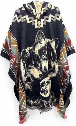 Wolf Pack Alpaca Wool Blue Poncho Cape Shawl Blanket Poncho Zarape Gaban Unisex Indigenous Handmade in Saudi Arabia