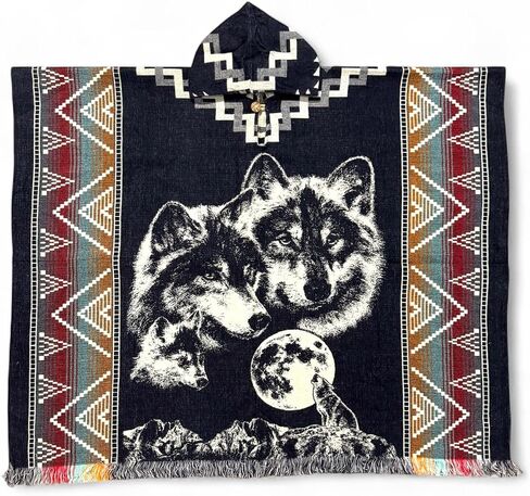 Wolf Pack Alpaca Wool Blue Poncho Cape Shawl Blanket Poncho Zarape Gaban Unisex Indigenous Handmade in Saudi Arabia