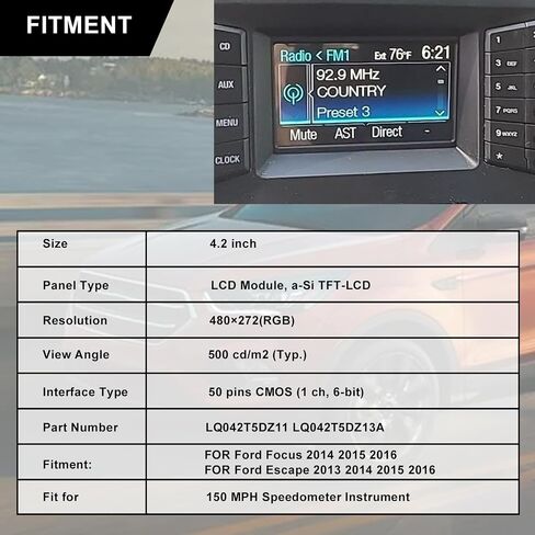SecosAutoparts LCD Display Color Screen Compatible with Ford Focus 2014 2015 2016 Compatible with Ford Escape 2013 2014 2015 2016# LQ042T5DZ11 LQ042T5DZ13A 150 MPH Speedometer Instrument in Saudi Arabia