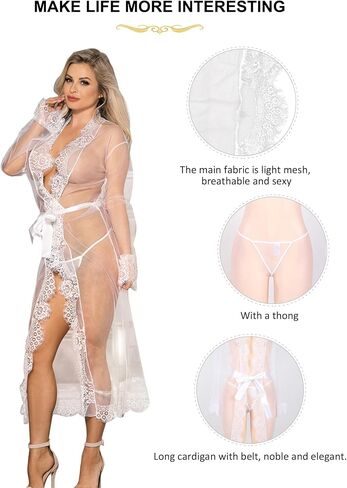 Womens Long Sheer Mesh Robe with Lace Trim Open Front Belted Design and Matching Thong Plus Size Available Lingerie in Saudi Arabia