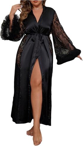 WDIRARA Women's Plus Size Satin Robe Sheer Lace Kimono Fuzzy V Neck Long Sleeve Belted Bathrobe in Saudi Arabia
