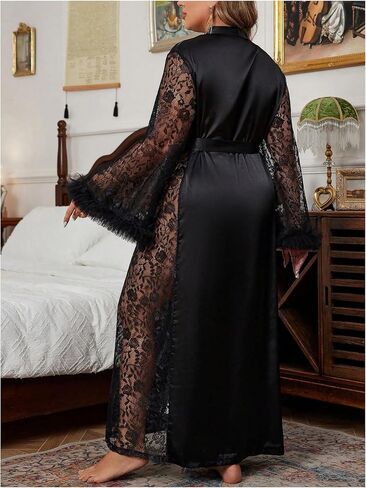 WDIRARA Women's Plus Size Satin Robe Sheer Lace Kimono Fuzzy V Neck Long Sleeve Belted Bathrobe in Saudi Arabia