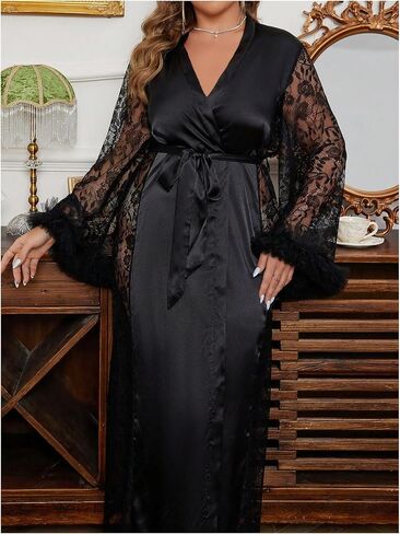 WDIRARA Women's Plus Size Satin Robe Sheer Lace Kimono Fuzzy V Neck Long Sleeve Belted Bathrobe in Saudi Arabia
