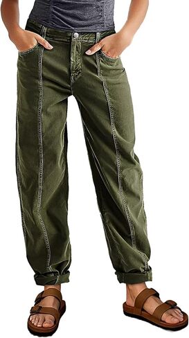 Flamingals Women's Straight Leg Pants Mid Rise Barrel Boyfriend Roll Hem Stitch Front Patch Pocket Cropped Pants in Saudi Arabia