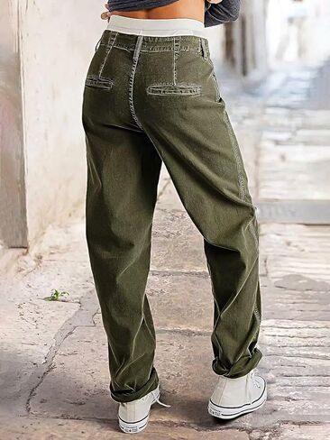 Flamingals Women's Straight Leg Pants Mid Rise Barrel Boyfriend Roll Hem Stitch Front Patch Pocket Cropped Pants in Saudi Arabia