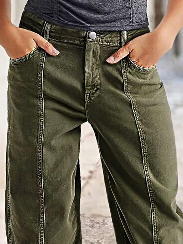 Flamingals Women's Straight Leg Pants Mid Rise Barrel Boyfriend Roll Hem Stitch Front Patch Pocket Cropped Pants in Saudi Arabia
