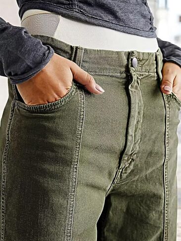 Flamingals Women's Straight Leg Pants Mid Rise Barrel Boyfriend Roll Hem Stitch Front Patch Pocket Cropped Pants in Saudi Arabia