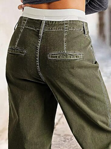 Flamingals Women's Straight Leg Pants Mid Rise Barrel Boyfriend Roll Hem Stitch Front Patch Pocket Cropped Pants in Saudi Arabia