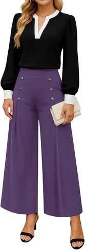 Womens Elastic High Waisted Wide Leg Pants Loose Casual Long Palazzo Trousers with Button Decor and Pockets in Saudi Arabia