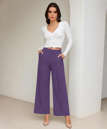 Womens Elastic High Waisted Wide Leg Pants Loose Casual Long Palazzo Trousers with Button Decor and Pockets in Saudi Arabia