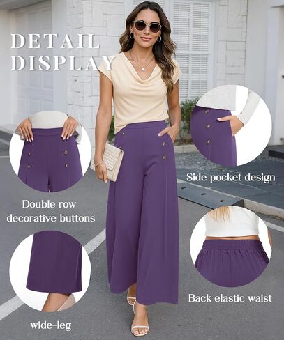 Womens Elastic High Waisted Wide Leg Pants Loose Casual Long Palazzo Trousers with Button Decor and Pockets in Saudi Arabia