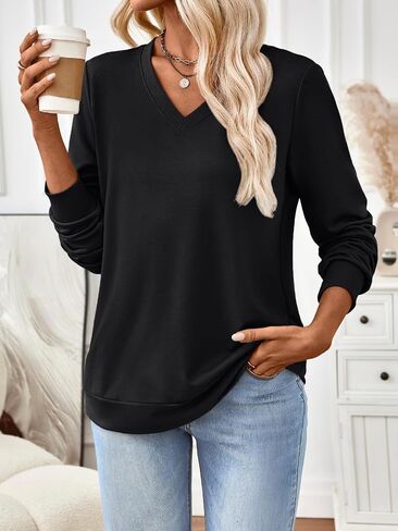 Womens V Neck Lightweight Sweatshirts Fall Fashion Pullover Basic Outfits Casual Tunic Winter Clothes 2025 in Saudi Arabia