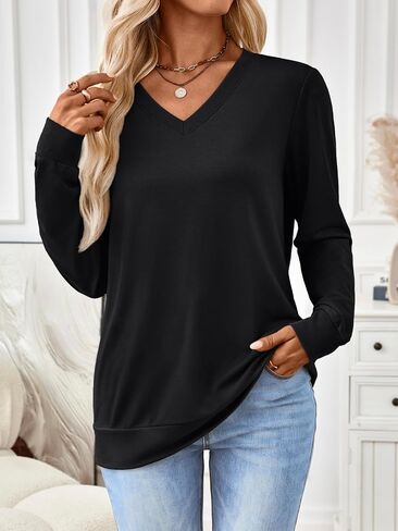Womens V Neck Lightweight Sweatshirts Fall Fashion Pullover Basic Outfits Casual Tunic Winter Clothes 2025 in Saudi Arabia