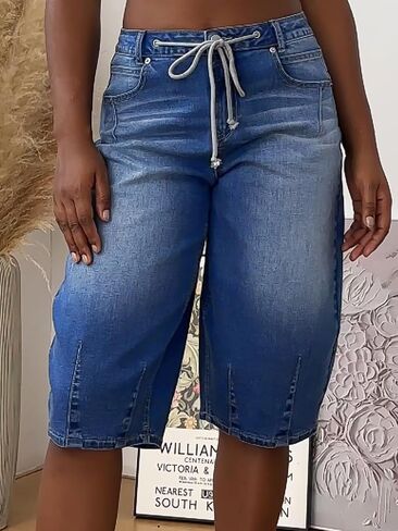 Flamingals Bermuda Shorts for Women Barrel Drawstring Mid Rise Casual Chic Wash Stitch Detail Denim Shorts in Saudi Arabia