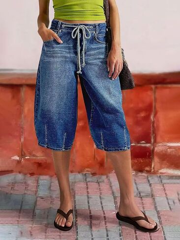 Flamingals Bermuda Shorts for Women Barrel Drawstring Mid Rise Casual Chic Wash Stitch Detail Denim Shorts in Saudi Arabia